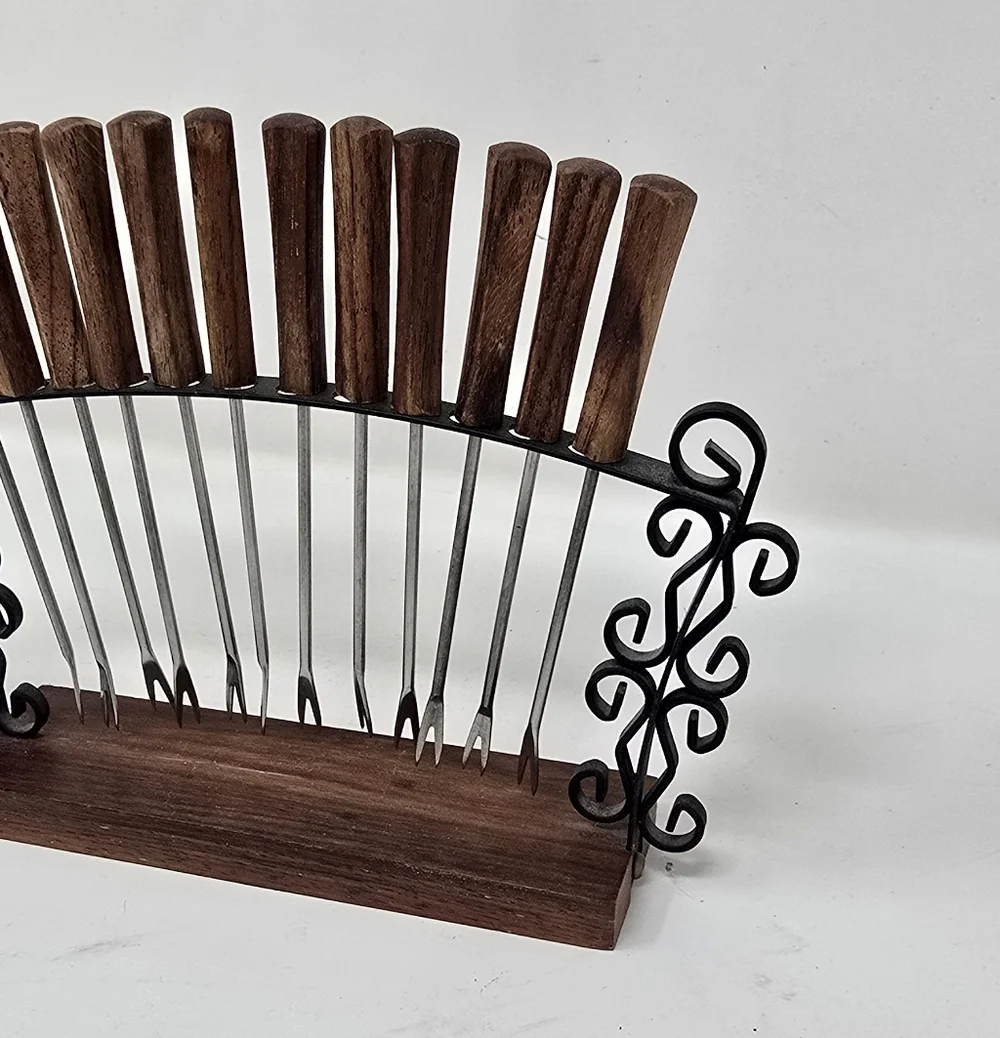Vtg MCM 12 rosewood‎ handle appetizer cheese cocktail forks picks w/stand Japan